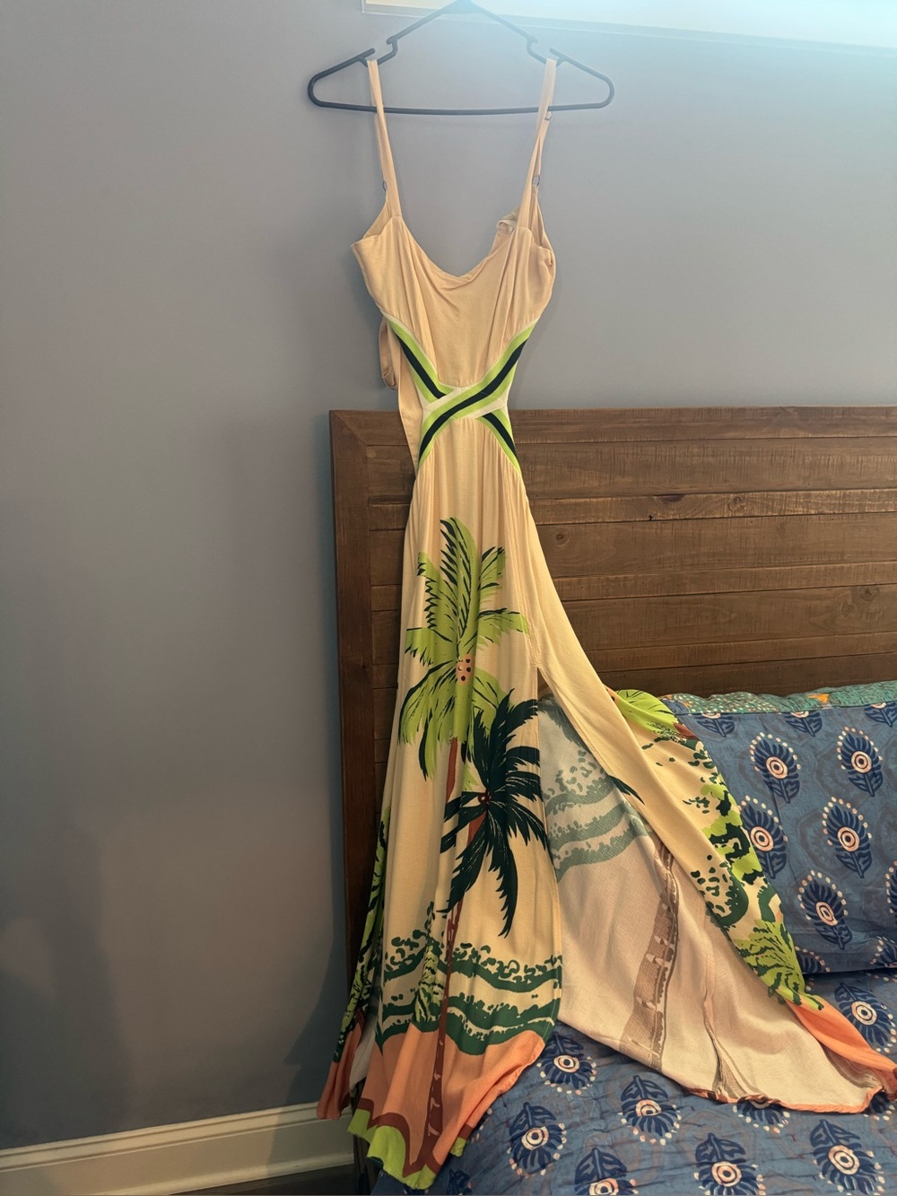 Anthropologie Dress: Tropical Palm Print Maxi Dress in Cream & Green